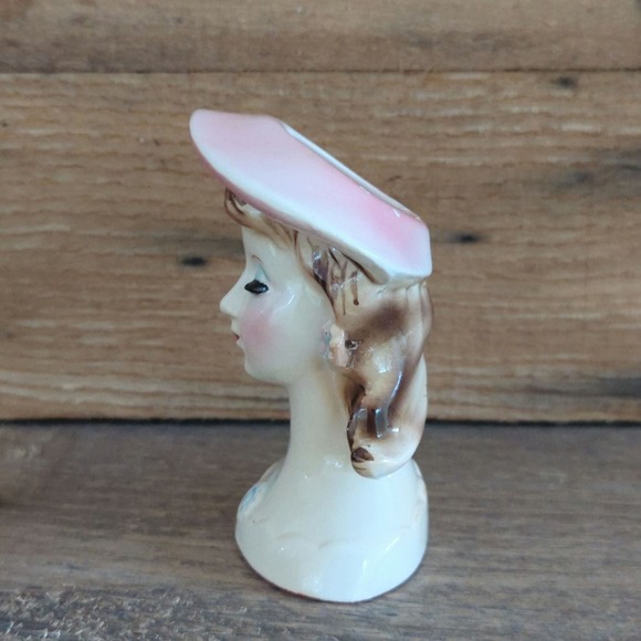 Vintage 3.5" Ceramic Lady Head Vase Once Red Dress Missing Earrings & Necklace - Picture 5 of 11
